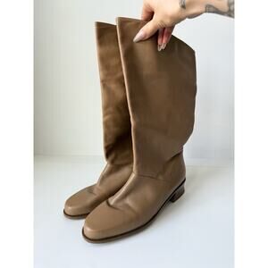 Markon Shelly Brazil Leather Pull On Calf High Block Heel Boots Size 10W Beige